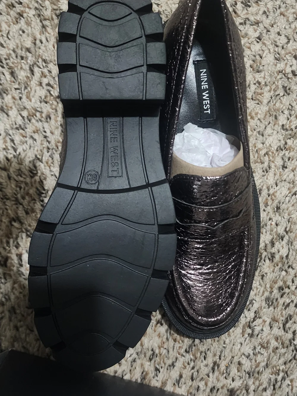 Nine West Metallic Dark Brown Chunky Lug Sole Loafers